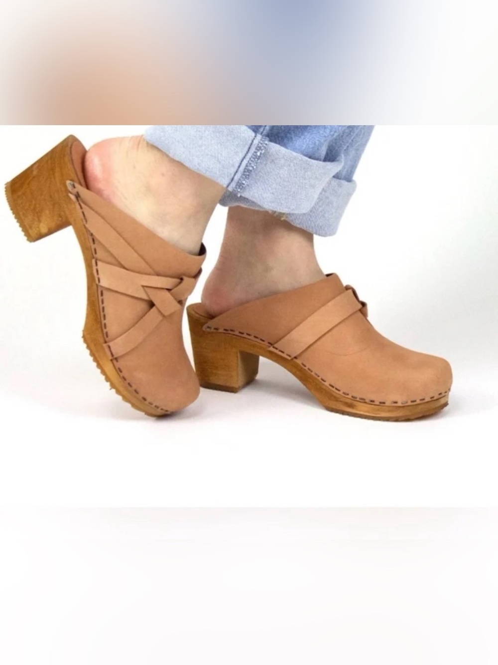 SANITA WOOD-MANUELA SQUARE OPEN LEATHER CLOGS WOMEN SALMON PINK COLOR SIZE 37